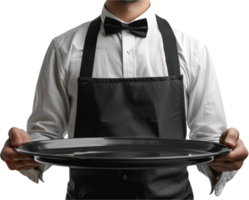 Waiter Holding Empty Plate in Black Apron. png