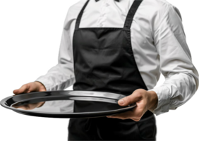 Waiter Holding Empty Plate in Black Apron. png