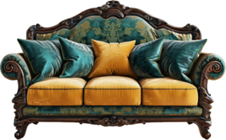 wijnoogst fluweel sofa met decoratief kussens. png