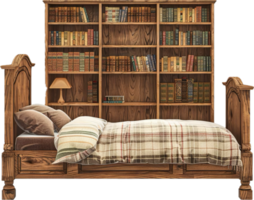 knus slaapkamer met houten bed en boekenplanken. png