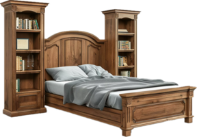 acogedor dormitorio con de madera cama y estantería. png