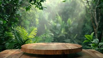 Wooden podium in tropical forest for product presentation and green background photo