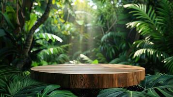 Wooden podium in tropical forest for product presentation and green background photo