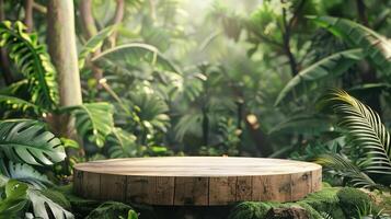 Wooden podium in tropical forest for product presentation and green background photo