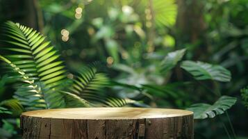 Wooden podium in tropical forest for product presentation and green background photo