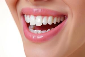 Close up of a happy woman's mouth with healthy teeth isolated on a white background photo