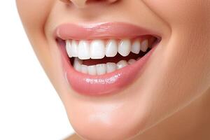 Close up of a happy woman's mouth with healthy teeth isolated on a white background photo