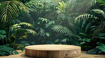 Wooden podium in tropical forest for product presentation and green background photo