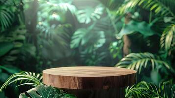 Wooden podium in tropical forest for product presentation and green background photo