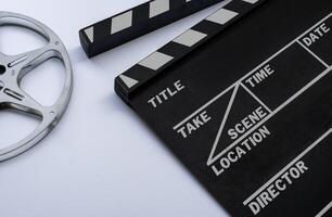 Close up of a vintage clapboard with filmstrip. photo