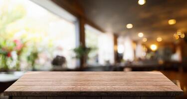 Empty wooden table top with lights bokeh on blur restaurant background photo