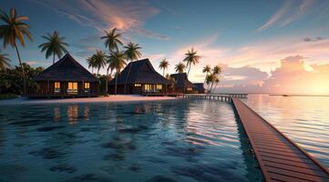 A beautiful beach with a wooden bridge leading to a small group of beach houses photo