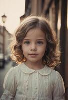 joven niña con Rizado pelo y azul ojos posando para un de cerca retrato foto