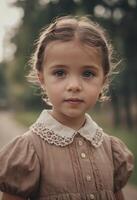 joven niña con Rizado pelo y azul ojos posando para un de cerca retrato foto