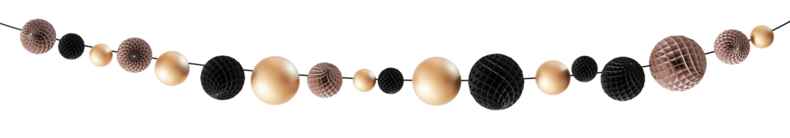 Elegant garland with beige, black and golden elements on transparent background. Can be used as divider, footer or header. Party, Christmas, Happy Birthday design element. Festoon. 3D rendering. png