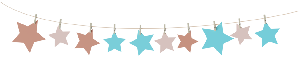 Charming garland featuring pastel colored stars delicately hanging on string, on transparent background. Can be used as divider, footer or header. Kids party, Happy Birthday, Baby Birth. 3D render. png