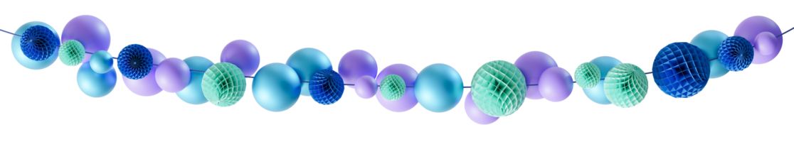Stylish garland with blue and purple elements on transparent background. Can be used as divider, footer or header. Happy Birthday design element. Festoon. It s a boy, gender party. 3D render. png