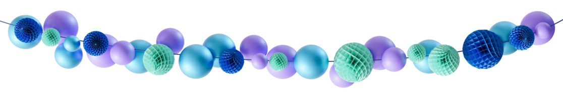 Stylish garland with blue and purple elements on transparent background. Can be used as divider, footer or header. Happy Birthday design element. Festoon. It s a boy, gender party. 3D render. png