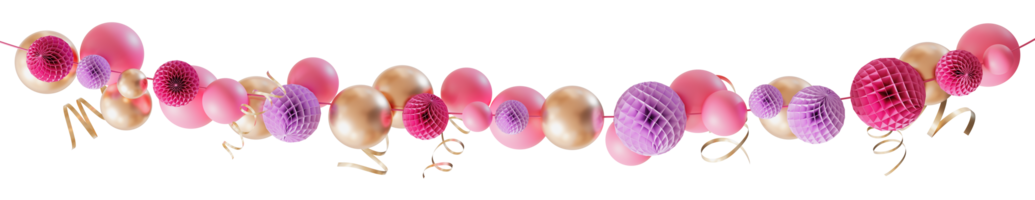 Stylish garland with pink purple and golden elements on transparent background. Can be used as divider, footer or header. Happy Birthday, Mothers, Womens Day. Festoon. Its a girl, gender party. 3D. png