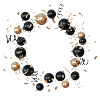 Black, gold balloons with festive confetti, stars perfect for glamorous celebrations, New Year's events. Circle with helium balloons, on transparent background. Copy space in the middle. Frame. 3D. png