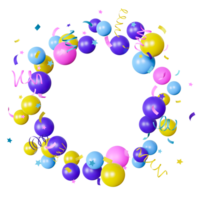 Vibrant round frame made of colorful balloons with festive ribbons and confetti, on transparent background. Ideal for kids birthday cards, children party invitations. Copy space in the middle. 3D. png