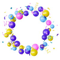 Vibrant round frame made of colorful balloons with festive ribbons and confetti, on transparent background. Ideal for kids birthday cards, children party invitations. Copy space in the middle. 3D. png