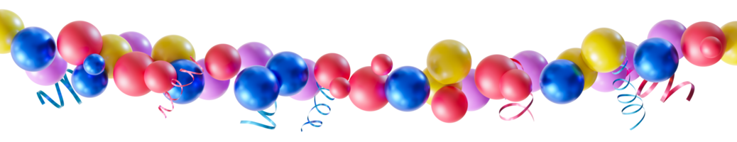 Vibrant, colorful balloon garland on transparent background, featuring glossy balloons in shades of blue, red and yellow. Can be used as divider, footer or header. Kids party, Happy Birthday. 3D. png