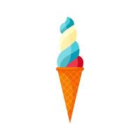 Cartoon colorful ice cream in waffle cone. Swirl bright sundae in wafer cone vector