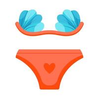 Cartoon swimsuit with a bra in the shape of shells, and panties with a heart. Pool and beach underwear for woman. vector