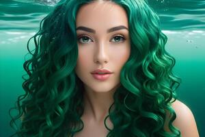 mermaid girl portrait with long green hair under water photo