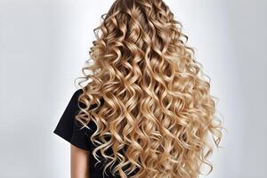 back view blonde with long curly flowing hair photo
