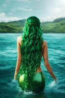 mermaid girl with long green hair in sea back view photo