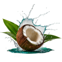 Fresh coconut with leaves and juice splash isolated on alpha layer, premium png