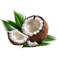 Fresh coconut with leaves and juice splash isolated on alpha layer, premium png