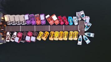 Parking for water bicycles catamarans on the Water bicycles are a popular tourist attraction Aerial top view photo