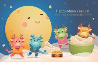 Cute dragon mascot celebrating Chinese Mid-Autumn Festival poster with full moon and pomelo with mooncakes vector