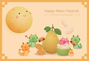 Cute dragon mascot celebrating Chinese Mid-Autumn Festival poster with full moon and pomelo with mooncakes vector