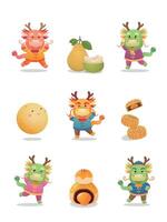 un conjunto de ilustración materiales para el mediados de otoño festival, el mascota de el continuar, pomelo y chino merengue postre vector