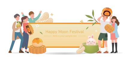 Asian traditional festival Mid-Autumn Festival, happy celebration of family and friends, illustration scroll poster, moon cake with pomelo and bunny vector