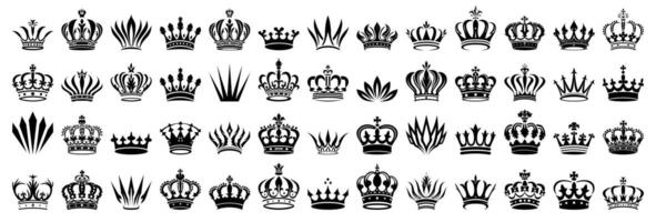 Crown icon set. Crown sign collection. Crown king or queen mega icon set. Royal crown symbol. Heraldic flat black silhouettes isolated on white background. Royal head accessories, hat emblem vector