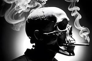 skull smokes a cigarette on dark background, concept of the harm of smoking photo