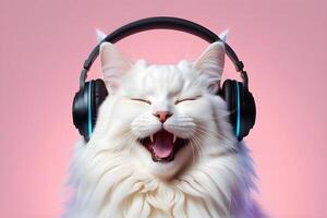 cat in headphones listens to music and sings a song on pink background photo