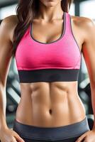 hembra plano atlético barriga con abdominales en rosado y gris ropa de deporte en gimnasio antecedentes foto