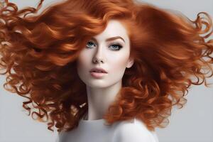 red-haired girl with long flowing hair, advertisment shampoo photo