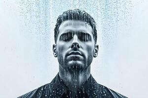 man crying in the rain, concept of sadness, loneliness, depression photo
