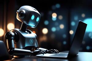 robot working at a laptop, chat bot, artificial intelligence photo