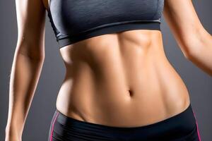 female flat athletic belly with abs in black sportswear on dark background photo