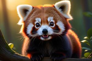 Little cute red panda on a tree in backlight photo