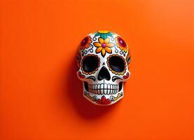 sugar skull for the day of the dead on a minimalistic orange background photo