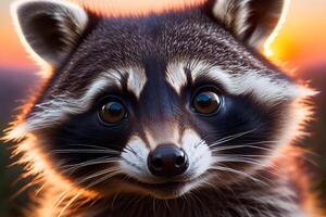 Little cute raccoon on a tree in backlight photo
